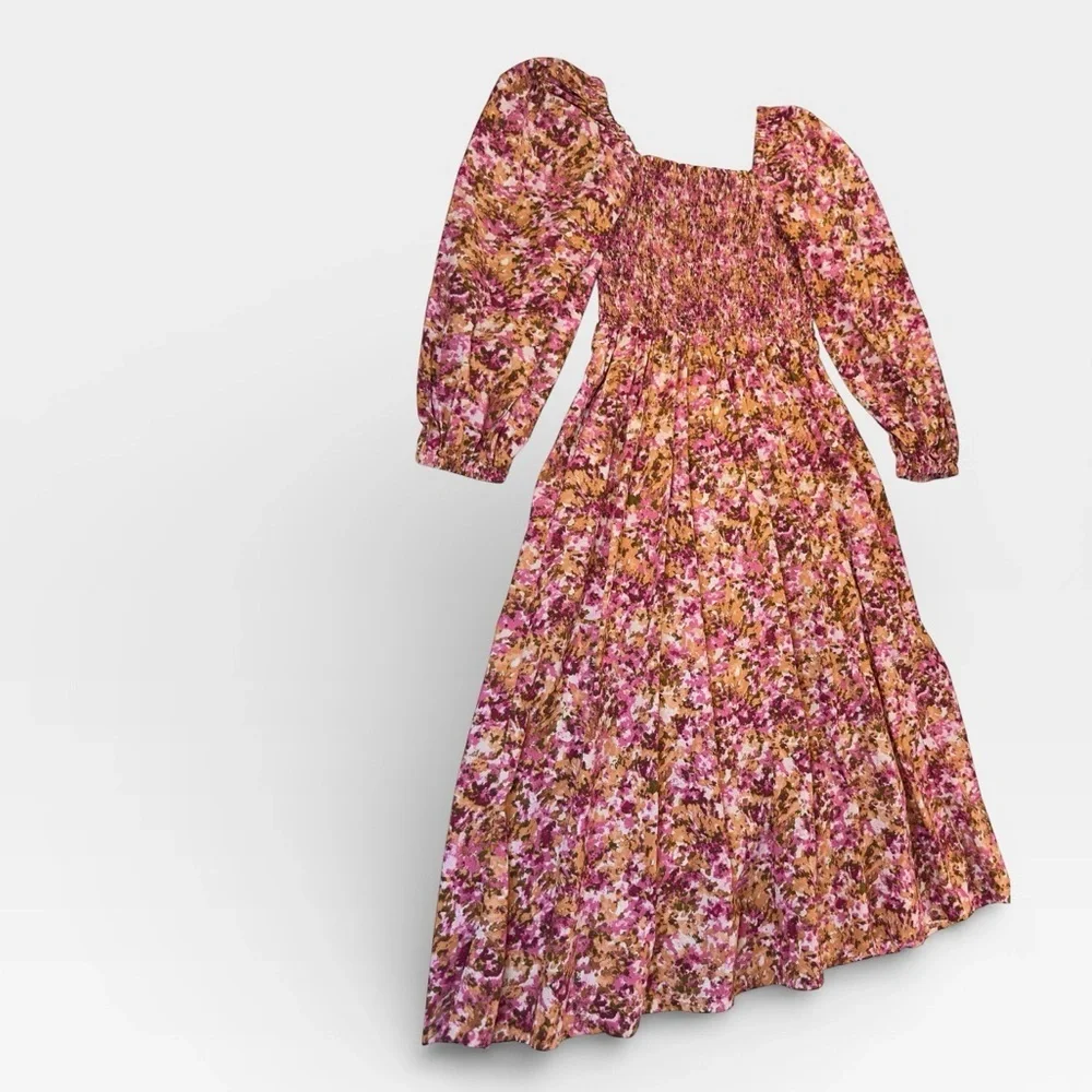 J. Crew Pink Floral Fit & Flare Long Sleeve Midi Dress 100% Cotton XSMALL